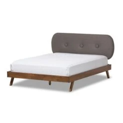 Penelope Mid-Century Modern Solid Wood And Fabric Upholstered Platform Bed Gray/Walnut Brown - Baxton Studio