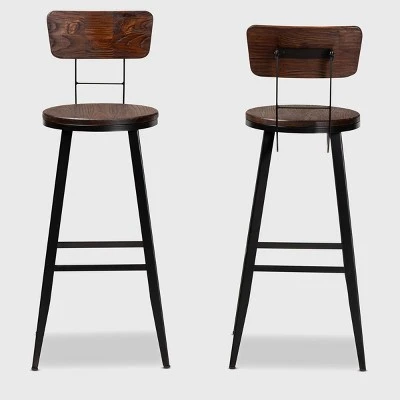 Set Of 2 Kenna Wood And Metal Finished Metal Barstools Brown/Black - Baxton Studio 3 Set Of 2 Kenna Wood And Metal Finished Metal Barstools Brown/Black - Baxton Studio