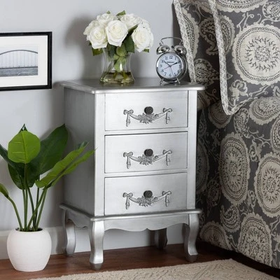 Callen Brushed Wood 3 Drawer Nightstand Silver - Baxton Studio 3 Callen Brushed Wood 3 Drawer Nightstand Silver - Baxton Studio