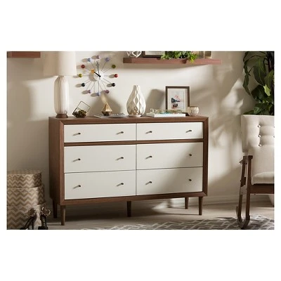 Harlow Mid-Century Modern Scandinavian Style Wood 6 Drawer Storage Dresser White/Walnut - Baxton Studio 6 Harlow Mid-Century Modern Scandinavian Style Wood 6 Drawer Storage Dresser White/Walnut - Baxton Studio - Image 4