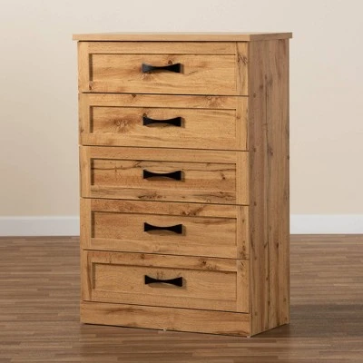 Colburn Wood 5 Drawer Tallboy Storage Chest Oak Brown - Baxton Studio 7 Colburn Wood 5 Drawer Tallboy Storage Chest Oak Brown - Baxton Studio - Image 5