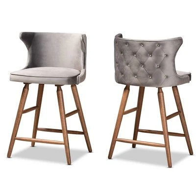 2pc Sagira Velvet Fabric Upholstered And Wood Counter Height Barstool Set - Baxton Studio 10 2pc Sagira Velvet Fabric Upholstered And Wood Counter Height Barstool Set - Baxton Studio - Image 8