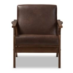 Bianca Mid Century Modern Walnut Wood Distressed Faux Leather Lounge Chair Dark Brown - Baxton Studio