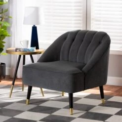 Ellard Velvet Fabric Upholstered Two-Tone Wood Accent Chair Gray/Dark Brown - Baxton Studio -Home Furniture Shop-Baxton Studio GUEST 5f736771 1c56 4b73 98dd cbbf7cc7037a