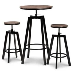 3pc Metal And Maritta Wood Height Adjustable Bar Pub Dining Set Walnut/Black - Baxton Studio
