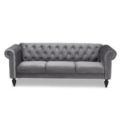 Emma Velvet Upholstered Button Tufted Chesterfield Sofa - Baxton Studio