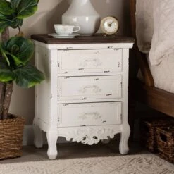 Levron And Antique Wood 3 Drawer Nightstand Walnut Brown/Antique White - Baxton Studio -Home Furniture Shop-Baxton Studio GUEST 653220e9 3877 494f 9cfe 9ff5c0259f57
