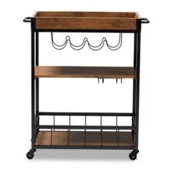 Cerne Oak And Finished Mobile Metal Bar Cart With Wine Bottle Rack Brown - Baxton Studio -Home Furniture Shop-Baxton Studio GUEST 66a3162d 98f2 4158 b431 dfdc602379af