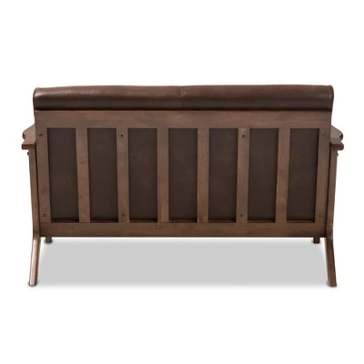 Bianca Mid-Modern Walnut Wood Distressed Faux Leather 2 Seater Loveseat Dark Brown - Baxton Studio 5 Bianca Mid-Modern Walnut Wood Distressed Faux Leather 2 Seater Loveseat Dark Brown - Baxton Studio - Image 3