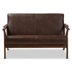 Bianca Mid-Modern Walnut Wood Distressed Faux Leather 2 Seater Loveseat Dark Brown - Baxton Studio