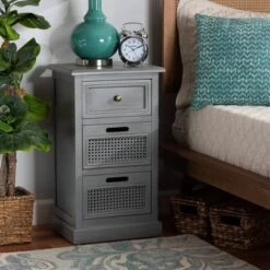 Sheldon Vintage Wood And Synthetic Rattan 3 Drawer Nightstand Gray - Baxton Studio -Home Furniture Shop-Baxton Studio GUEST 6b9b9b34 70ba 42a0 89d7 8860b8b09404