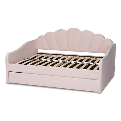 Queen Timila Velvet Fabric Upholstered Daybed With Trundle Light Pink - Baxton Studio 7 Queen Timila Velvet Fabric Upholstered Daybed With Trundle Light Pink - Baxton Studio - Image 5