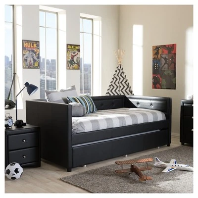 Frank Modern And Contemporary Faux Leather Button - Tufting Sofa Daybed With Roll - Out Trundle Guest Bed - Twin - Baxton Studio 9 Frank Modern And Contemporary Faux Leather Button - Tufting Sofa Daybed With Roll - Out Trundle Guest Bed - Twin - Baxton Studio - Image 7