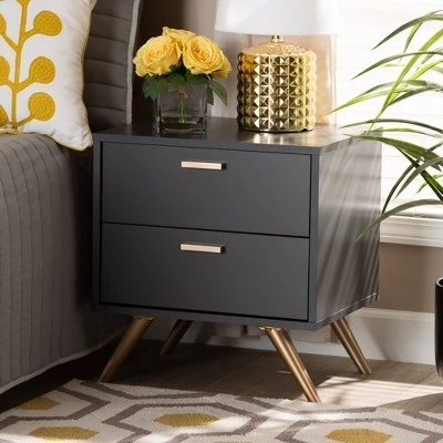 Kelson Wood 2 Drawer Nightstand Dark Gray/Gold - Baxton Studio 5 Kelson Wood 2 Drawer Nightstand Dark Gray/Gold - Baxton Studio - Image 3