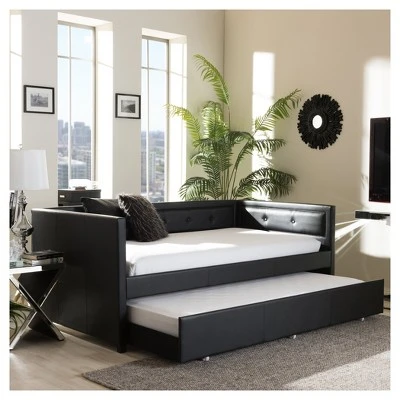 Frank Modern And Contemporary Faux Leather Button - Tufting Sofa Daybed With Roll - Out Trundle Guest Bed - Twin - Baxton Studio 8 Frank Modern And Contemporary Faux Leather Button - Tufting Sofa Daybed With Roll - Out Trundle Guest Bed - Twin - Baxton Studio - Image 6