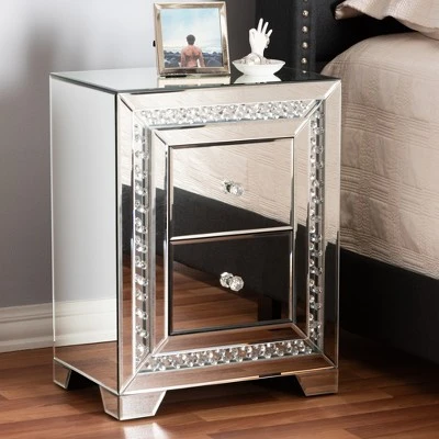 Baxton Studio Mina Mirrored 2 Drawer Nightstand Bedside Table Silver - BaxtonStudio 4 Baxton Studio Mina Mirrored 2 Drawer Nightstand Bedside Table Silver - BaxtonStudio - Image 2