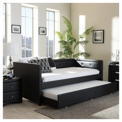 Frank Modern And Contemporary Faux Leather Button - Tufting Sofa Daybed With Roll - Out Trundle Guest Bed - Twin - Baxton Studio 6 Frank Modern And Contemporary Faux Leather Button - Tufting Sofa Daybed With Roll - Out Trundle Guest Bed - Twin - Baxton Studio - Image 4