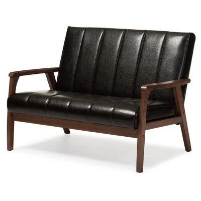 Nikko Mid-Century Modern Scandinavian Style Faux Leather Wooden 2 Seater Loveseat - Baxton Studio 7 Nikko Mid-Century Modern Scandinavian Style Faux Leather Wooden 2 Seater Loveseat - Baxton Studio - Image 5