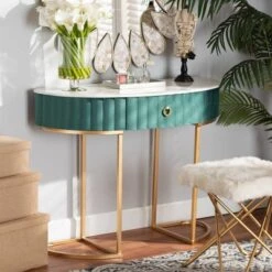 1 Drawer Beale Velvet Upholstered And Brushed Console Table Green/Gold - Baxton Studio -Home Furniture Shop-Baxton Studio GUEST 760cec46 ca09 49d3 812b ee5335396259