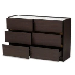 Walker Wood 6 Drawer Dresser With Faux Marble Top Dark Brown/Marble/Gold - Baxton Studio