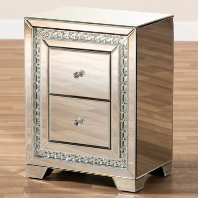 Baxton Studio Mina Mirrored 2 Drawer Nightstand Bedside Table Silver - BaxtonStudio 5 Baxton Studio Mina Mirrored 2 Drawer Nightstand Bedside Table Silver - BaxtonStudio - Image 3