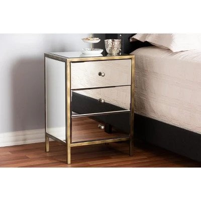 Baxton Studio Nouria Mirrored 3 Drawer Nightstand Bedside Table Silver - BaxtonStudio 5 Baxton Studio Nouria Mirrored 3 Drawer Nightstand Bedside Table Silver - BaxtonStudio - Image 3