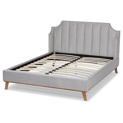 King Adelie Velvet Wingback Platform Bed Light Gray/Walnut - Baxton Studio 4 King Adelie Velvet Wingback Platform Bed Light Gray/Walnut - Baxton Studio - Image 2