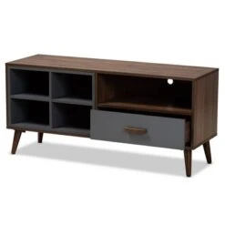 Garrick Two-Toned Wood 1 Drawer TV Stand For TVs Up To 50" Gray/Walnut Brown - Baxton Studio