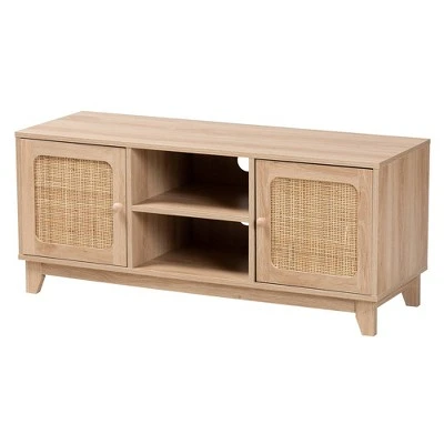 Elsbeth Wood And Natural Rattan 2 Door TV Stand For TVs Up To 40" Light Brown/Natural Brown - Baxton Studio 5 Elsbeth Wood And Natural Rattan 2 Door TV Stand For TVs Up To 40" Light Brown/Natural Brown - Baxton Studio - Image 3
