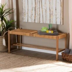 Saura Oak Wood Hemp Dining Bench Brown - Baxton Studio -Home Furniture Shop-Baxton Studio GUEST 801e2721 d175 4c90 a3a3 85edff9a34d2