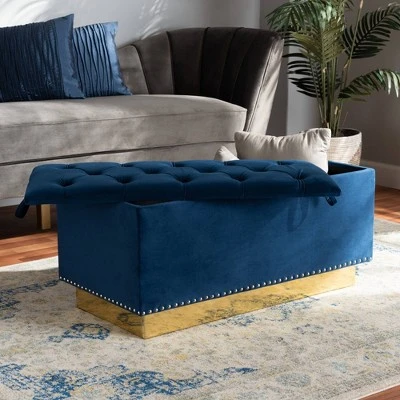 Powell Velvet Fabric Upholstered And PU Leather Ottoman Gold/Blue - Baxton Studio 9 Powell Velvet Fabric Upholstered And PU Leather Ottoman Gold/Blue - Baxton Studio - Image 7