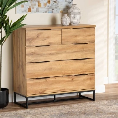 Franklin Wood And Metal 5 Drawer Bedroom Chest Oak/Black - Baxton Studio 8 Franklin Wood And Metal 5 Drawer Bedroom Chest Oak/Black - Baxton Studio - Image 6