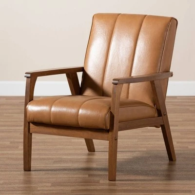 Nikko Mid-Century Faux Leather Upholstered Wood Lounge Chair Walnut/Brown - Baxton Studio 9 Nikko Mid-Century Faux Leather Upholstered Wood Lounge Chair Walnut/Brown - Baxton Studio - Image 7