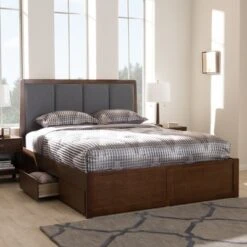 Brannigan Modern And Contemporary Fabric Upholstered Walnut Finished Storage Platform Bed Gray/Brown - Baxton Studio -Home Furniture Shop-Baxton Studio GUEST 88620240 b588 47b8 b3db 02edb33ac10d