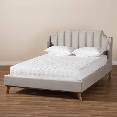 King Adelie Velvet Wingback Platform Bed Light Gray/Walnut - Baxton Studio 8 King Adelie Velvet Wingback Platform Bed Light Gray/Walnut - Baxton Studio - Image 6