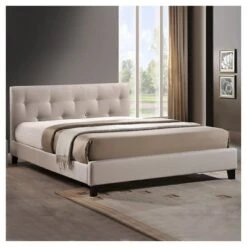 Queen Annette Linen Modern Bed With Upholstered Headboard Light Beige - Baxton Studio