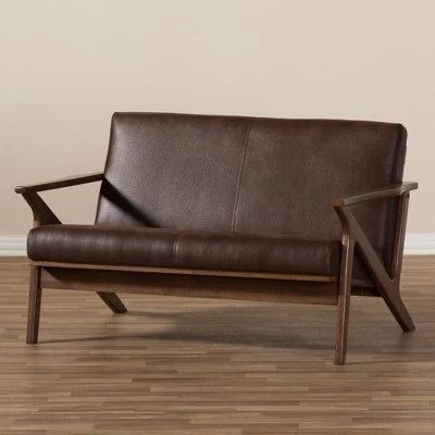 Bianca Mid-Modern Walnut Wood Distressed Faux Leather 2 Seater Loveseat Dark Brown - Baxton Studio 8 Bianca Mid-Modern Walnut Wood Distressed Faux Leather 2 Seater Loveseat Dark Brown - Baxton Studio - Image 6