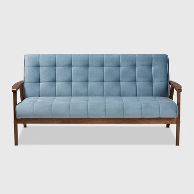 Asta Velvet Upholstered Wood Sofa Light Blue/Walnut - Baxton Studio 3 Asta Velvet Upholstered Wood Sofa Light Blue/Walnut - Baxton Studio