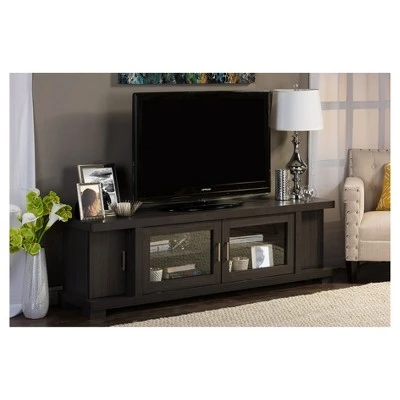 Viveka Wood Cabinet With 2 Glass Doors And 2 Doors TV Stand For TVs Up To 75" Dark Brown - Baxton Studio 5 Viveka Wood Cabinet With 2 Glass Doors And 2 Doors TV Stand For TVs Up To 75" Dark Brown - Baxton Studio - Image 3