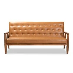 Sorrento Mid-Century Faux Leather Upholstered Wood Sofa Walnut/Brown - Baxton Studio
