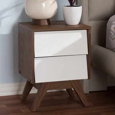 Hildon Mid - Century Modern Wood 2 - Drawer Storage Nightstand - White, "Walnut" Brown - Baxton Studio 8 Hildon Mid - Century Modern Wood 2 - Drawer Storage Nightstand - White, "Walnut" Brown - Baxton Studio - Image 6