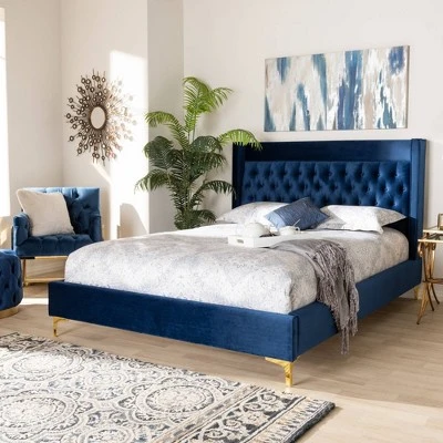 Valery Velvet Platform Bed With Gold - Finished Legs - Baxton Studio 7 Valery Velvet Platform Bed With Gold - Finished Legs - Baxton Studio - Image 5