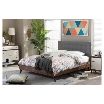 Alinia Mid-Century Retro Modern Fabric Upholstered Walnut Wood Platform Bed - Queen - Baxton Studio 6 Alinia Mid-Century Retro Modern Fabric Upholstered Walnut Wood Platform Bed - Queen - Baxton Studio - Image 4
