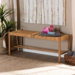 Saura Oak Wood Hemp Dining Bench Brown - Baxton Studio -Home Furniture Shop-Baxton Studio GUEST 9d622373 2e14 4e77 845f ec8a83905ce6