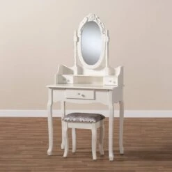 2pc Veronique White Finished Wood Vanity Table With Mirror And Ottoman White - Baxton Studio 13 2pc Veronique White Finished Wood Vanity Table With Mirror And Ottoman White - Baxton Studio -Home Furniture Shop-Baxton Studio GUEST 9de0152d 3774 4a54 9546 3c1b96daaf3d