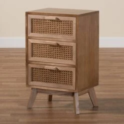 Baden Wood With Rattan 3 Drawer Nightstand Walnut Brown - Baxton Studio -Home Furniture Shop-Baxton Studio GUEST 9e87e016 527e 41a9 9c03 2bb2709df11e