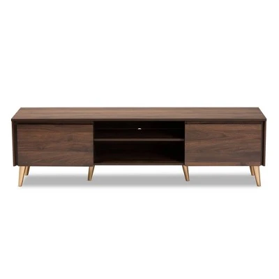 Landen Mid-Century Modern Wood TV Stand For TVs Up To 65" Walnut/Gold/Brown - Baxton Studio 4 Landen Mid-Century Modern Wood TV Stand For TVs Up To 65" Walnut/Gold/Brown - Baxton Studio - Image 2