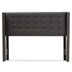 Queen Ginaro Modern And Contemporary Fabric Button Tufted Nail Head Winged Headboard Dark Gray - Baxton Studio