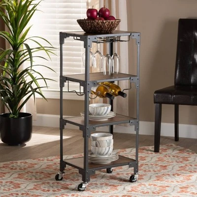 4 Tier Victor Wood And Metal Mobile Wine Cart Walnut/Black - Baxton Studio 7 4 Tier Victor Wood And Metal Mobile Wine Cart Walnut/Black - Baxton Studio - Image 5
