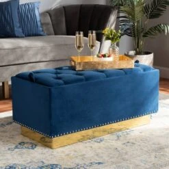 Powell Velvet Fabric Upholstered And PU Leather Ottoman Gold/Blue - Baxton Studio 15 Powell Velvet Fabric Upholstered And PU Leather Ottoman Gold/Blue - Baxton Studio -Home Furniture Shop-Baxton Studio GUEST a432f300 1d49 4004 99de 0ccd7a46a32e